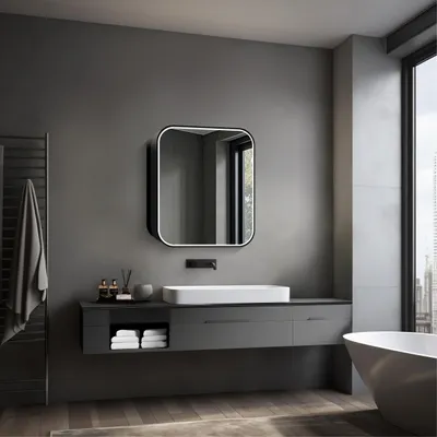 Produktbild von LED Spiegelschrank Bad 60x70 cm schwarz mit Beleuchtung Aluminium Rückwand verspiegelt - Talos Black Nova