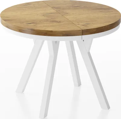 Obrázek produktu pro Designový kulatý rozkládací jídelní stůl - Loftový, industriální, prostorově úsporný - Bílé nohy - 100 až 150 cm - pro 5-8 osob - Vyrobeno v EU - Dub Lancelot - 150 cm