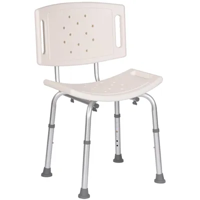 A shower chair with a backrest and adjustable legs, shown against a white background.