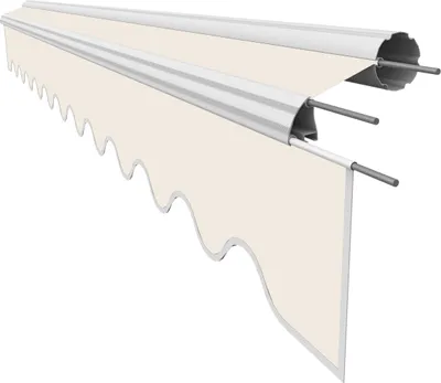 A close-up, studio shot of a cream-colored awning fabric with a scalloped edge, mounted on a white frame.