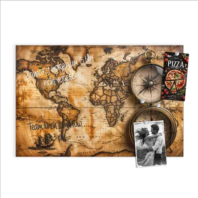 Produktbild von Magnettafel 90x60cm Pinnwand Whiteboard beschreibbar - Vintage Weltkarte Kompass