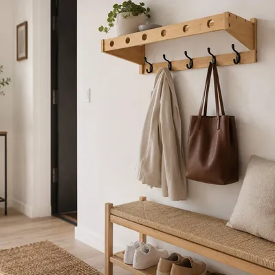 Produktbild von Wandgarderobe Massiv Bambus -Zerifikat - Natur - mit 5 Metallhaken 65 cm