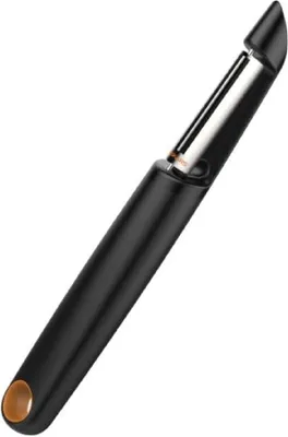 A black peeler with a silver blade and a copper accent on the handle, shown against a white background.