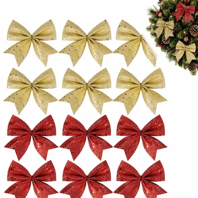 12 Weihnachts-Schleifen, rot/gold, mit Lurex, für Baum & Deko