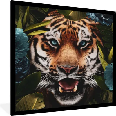 Produktbild von MuchoWow® MuchoWow® Gerahmtes Poster Tiger - Dschungel - Blumen 40x40 cm - Poster mit zchwarzem Bilderrahmen - Mit Rahmen - Wanddekoration Schlafzimmer