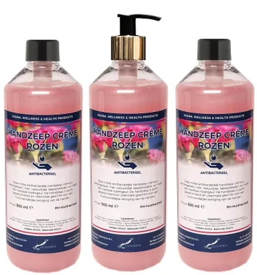 Image de Savon pour les mains, parfum rose, 3 flacons de 500 ml, avec pompe dorée