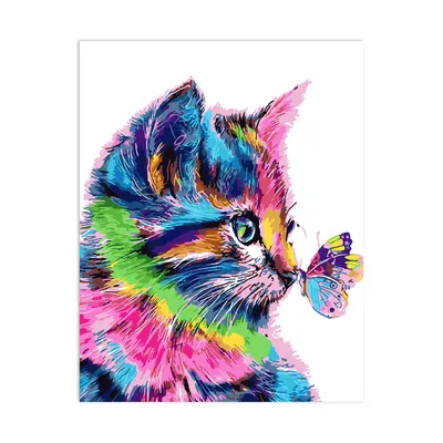 Zdjęcie produktu dla MALOWANIE PO NUMERACH Z RAMĄ Obrazy do malowania - Kolorowy kot z motylem 40 x 50 cm