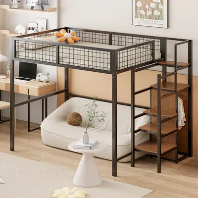 Image de MODFU Lit Mezzanine 140x200 Cm - Lit Double Avec Rangements Intégrés Et Échelle Sécurité, Structure En MDF Et Métal, Sans Matelas, Noir