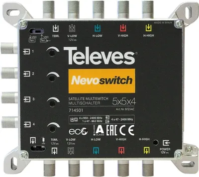 Productafbeelding van Televes 714501, 5 ingangen, 9 uitgangen, 950 - 2400 MHz, 47 - 862 MHz, 4 dB, 2 dB
