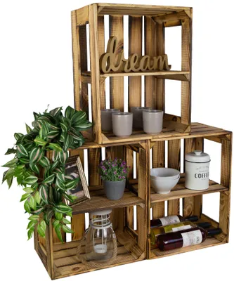 Produktbild von 3er Set massive Obstkisten Gerda, quer ausgerichtet, aus geflammtem Holz, 50x40x30cm