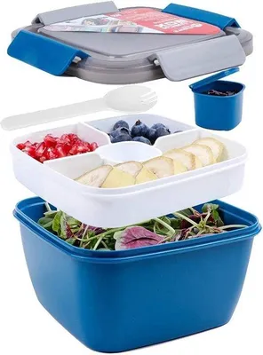 Image de Boîte à repas bleu foncé à 3 compartiments avec récipient à sauce, 1 500 ml, passe au micro-ondes