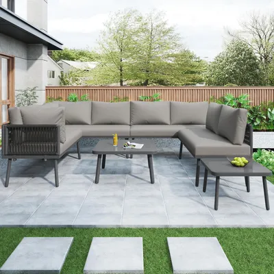 Produktbild von U-förmiges Gartenmöbel Set aus Eisen – wetterfestes Outdoor Ecksofa für 8 Personen, mit 2 Tischen & 4 Zweisitzer-Sofas, inkl. Kissen, Grau
