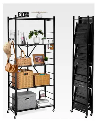 Produktbild von 5 Etagen Klappregal mit Rädern, 36x81x183 cm, faltbares Schwerlastregal, montagefreies Standregal, Haushaltsregal, Küchenregal, Metallregal für Garage, Küche, Keller, schwarz