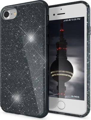 A black glitter phone case is shown next to a smartphone displaying a city skyline.
