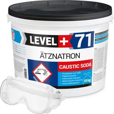 Produktbild von Ätznatron Entfetter Rohrreiniger Perlen Caustic Soda Eimer 10kg Seifenindustrie + Schutzbrille Arbeitsschutz Set RM71