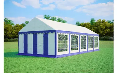 Obrázek produktu pro Párty stan 4x10 m STANDARD – PVC 500 g/m² s protipožární úpravou, pozinkovaná ocel Ø38 mm, až 80 osob - Modro-bílá