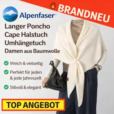 Produktbild von Alpenfaser™ Langer Poncho Schal Cape Halstuch Umhängetuch Damen aus Baumwolle: Weiß