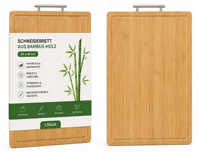 Produktbild von Bambus Schneidebrett 30 x 40 cm mit Aluminium-Griffleiste, KI-generiertes Bild