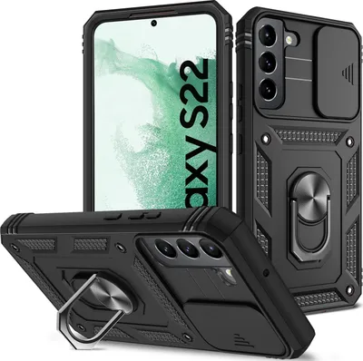 Immagine prodotto di Custodia per Samsung Galaxy S23 protezione fotocamera scorrevole, resistente agli urti, con supporto ad anello, supporto e porta carte di credito nero