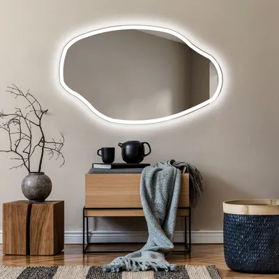 Produktbild von Unregelmäßiger asymmetrischer Spiegel mit LED Beleuchtung 154x94 cm - mit LED Beleuchtung - LED Farbe Kaltweiß 7000K - Individuell Nach Maß - Beleuchtet Wandspiegel Lichtspiegel Badezimmerspiegel OBK222