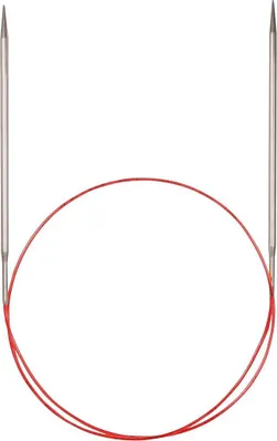 A pair of circular knitting needles with a red cable, isolated on a white background.