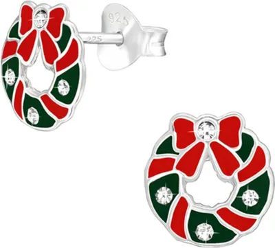 Produktbild von Ohrstecker Weihnachten: 925 Silber Ohrringe für Kinder & Damen Weihnachtskranz (Wreath)