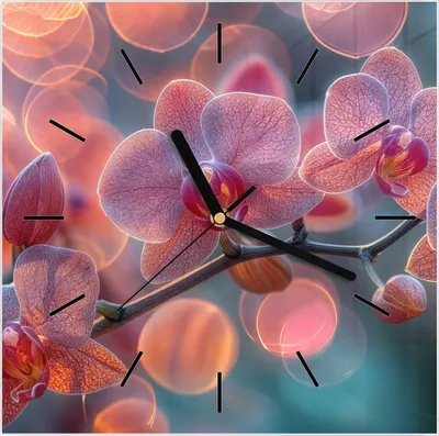Produktbild von Wanduhr aus Glas mit Motiv Orchidee Bokeh- 30 x 30 cm - inkl. Aufhängesystem