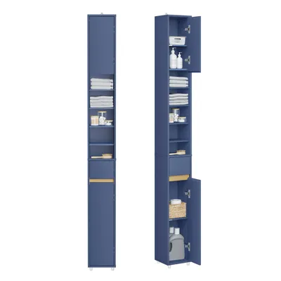 Two views of a tall, narrow blue cabinet, likely for a bathroom, shown against a white background.