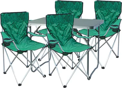 Produktbild von 5-teiliges Campingmöbel-Set aus Aluminium, 70x50x59cm, mit 1 Campingtisch und 4 grünen Anglerstühlen