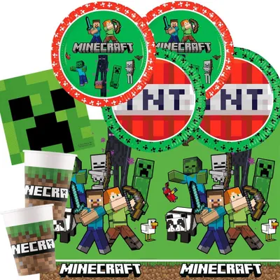 Minecraft Party-Set 37-teilig, Teller, Becher, Servietten, Tischdecke