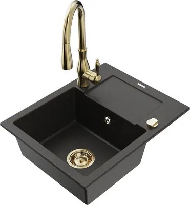 Produktbild von Mexen Enzo 1 Becken-Granitspüle mit Abtropffläche und Mischbatterie Savita, Schwarz/Gold metallisch - 6506-75-672601-50