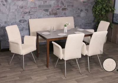 Produktbild von Esszimmer-Set MCW-G55, 4er-Set Stuhl mit Armlehne+Sitzbank 160cm, Edelstahl gebürstet Stoff/Textil Chenille  creme