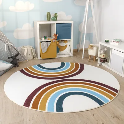 Produktbild von Kinderteppich Teppich Kinderzimmer Rund Waschbar Bis 30 Grad Sonne Regenbogen Grösse 120 cm Rund