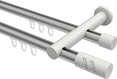 Produktbild von Interdeco Innenlaufstange / Gardinenstange mit Innenlauf Silbergrau / Weiß, Typ Platon Zoena (Glitzerzylinder), 20 mm Ø 2-läufig, 180 cm