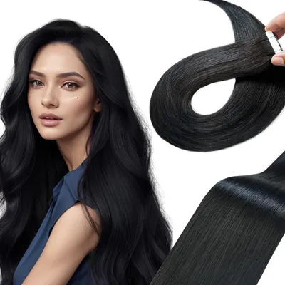 Produktbild von Tape Extensions mit Echthaar - Unsichtbare Tape-in Extensions - 14 Zoll, Tief Schwarz
