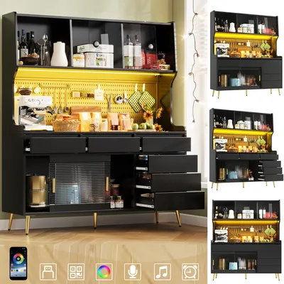 Image de Armoire de cuisine haute noire 145 x 39 x 171 cm – Vitrine de cuisine avec éclairage LED etvia application, buffet avec panneau perforé, armoire de salle à manger avec tiroir, meuble pour micro-ondes, meuble pour machine à café