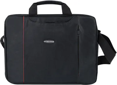 A black laptop bag with a red stripe and a logo is shown against a white background.