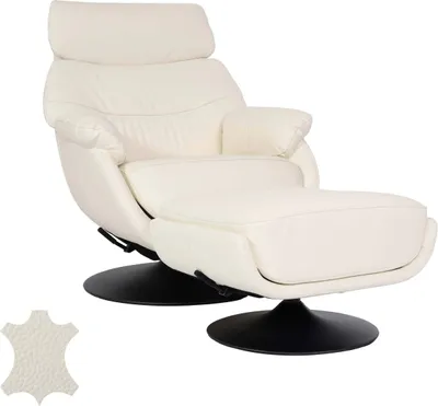 Produktbild von Relaxsessel mit Hocker HWC-K99, Fernsehsessel Sessel, Wippfunktion drehbar, Metall Echtleder/Kunstleder  creme-weiß
