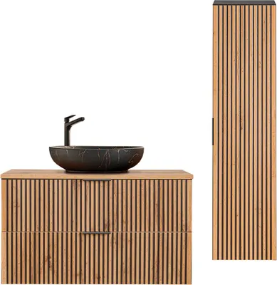 Produktbild von Waschtisch und Hängesäule 100.6cm Gaia mit 2 Schubladen, Eichenoptik und Schwarz