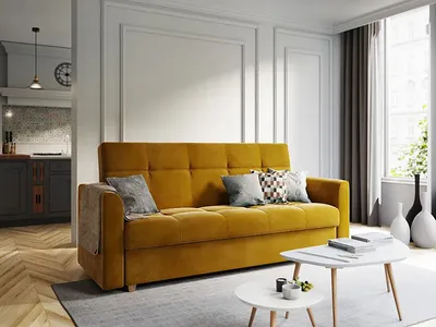 Produktbild von FURMEB24 LENTO Schlafsofa mit Schlaffunktion, Stauraum fr Bettzeug, hochwertiger Senf Stoff