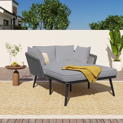 Produktbild von Hochwertiges Gartensofa & Sonnenliege mit 10cm Polster, Outdoor Gartenlounge Set aus verzinktem Stahl & Nylon-Seil, 320kg Belastbarkeit, UV-beständig