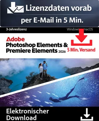 Produktbild von Adobe Photoshop + Premiere Elements 2026 (1 User - 3 Jahre) ESD Bild, Video Audio 5 Min. Versand als Download per Mail