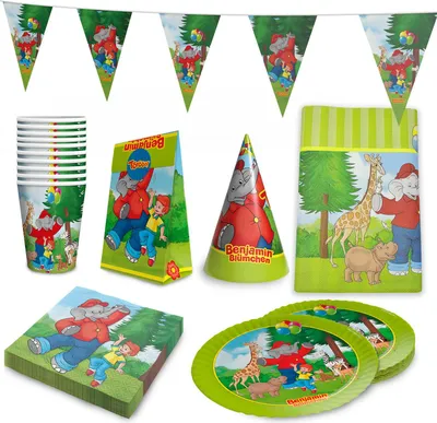 Produktbild von Benjamin Blümchen Partyset 62-tlg, Geschirr, Servietten, Deko, Partyhüte & Tüten