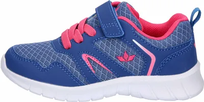 A side view of a blue and pink children's sneaker.