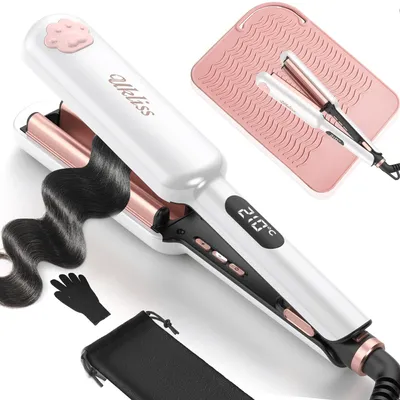 Produktbild von UKLISS Mini-Lockenstab mit LCD-Display, 130–210 °C, mit Hitzeschutzmatte, Handschuhen und Tasche, Weiß