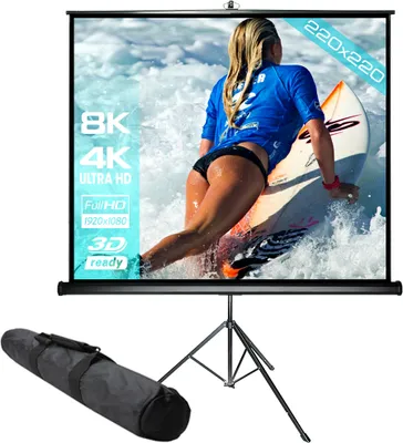 A projection screen with a surfer image displayed on it, along with a tripod stand and a carrying bag.