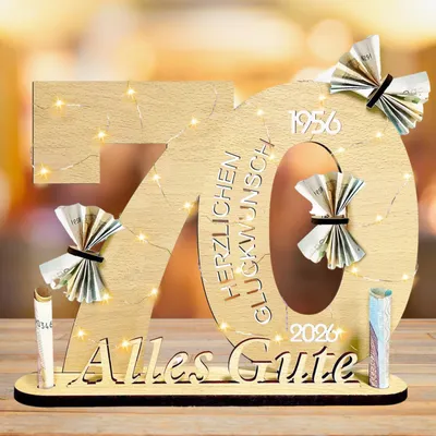 Holz-Gästebuch zum 70. Geburtstag mit LED-Licht