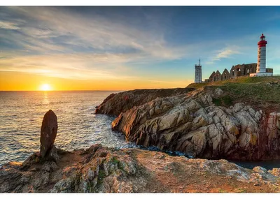 Image de Tableau mural encadré sunset phare Saint-Mathieu 65x97 cm, Tableau mural moderne pour décoration intérieure