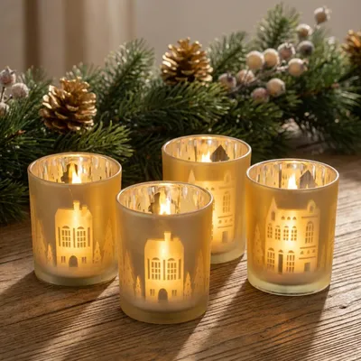 Produktbild von Windlicht Glas Silber Gold Stadtsilhouette Weihnachtsdeko Set 4 Stück