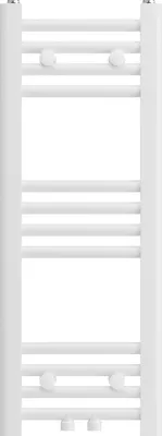 A white towel radiator against a white background.
